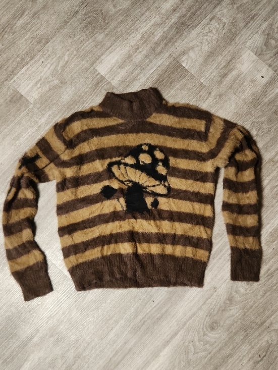 HUF Sweaters - Womens HUF Brown & Tan Striped Fuzzy Sweater with Mushroom Motif